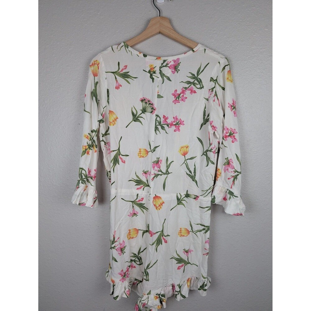 Piyama Romper Womens Small White Floral Wrap Ruffle Hem 3/4 Sleeve V Neck Boho‎ - Picture 2 of 8